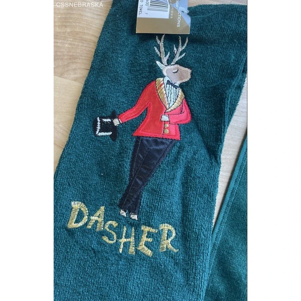 Home Innovations Hunter Green, Christmas Hand Towel Set Embroidered Reindeer NWT